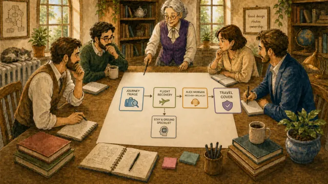 Handoff orchestration shown as travel specialists and a human recovery operator working around a shared route table