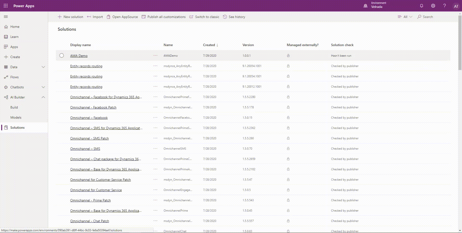 Power Virtual Agents solutions not installed