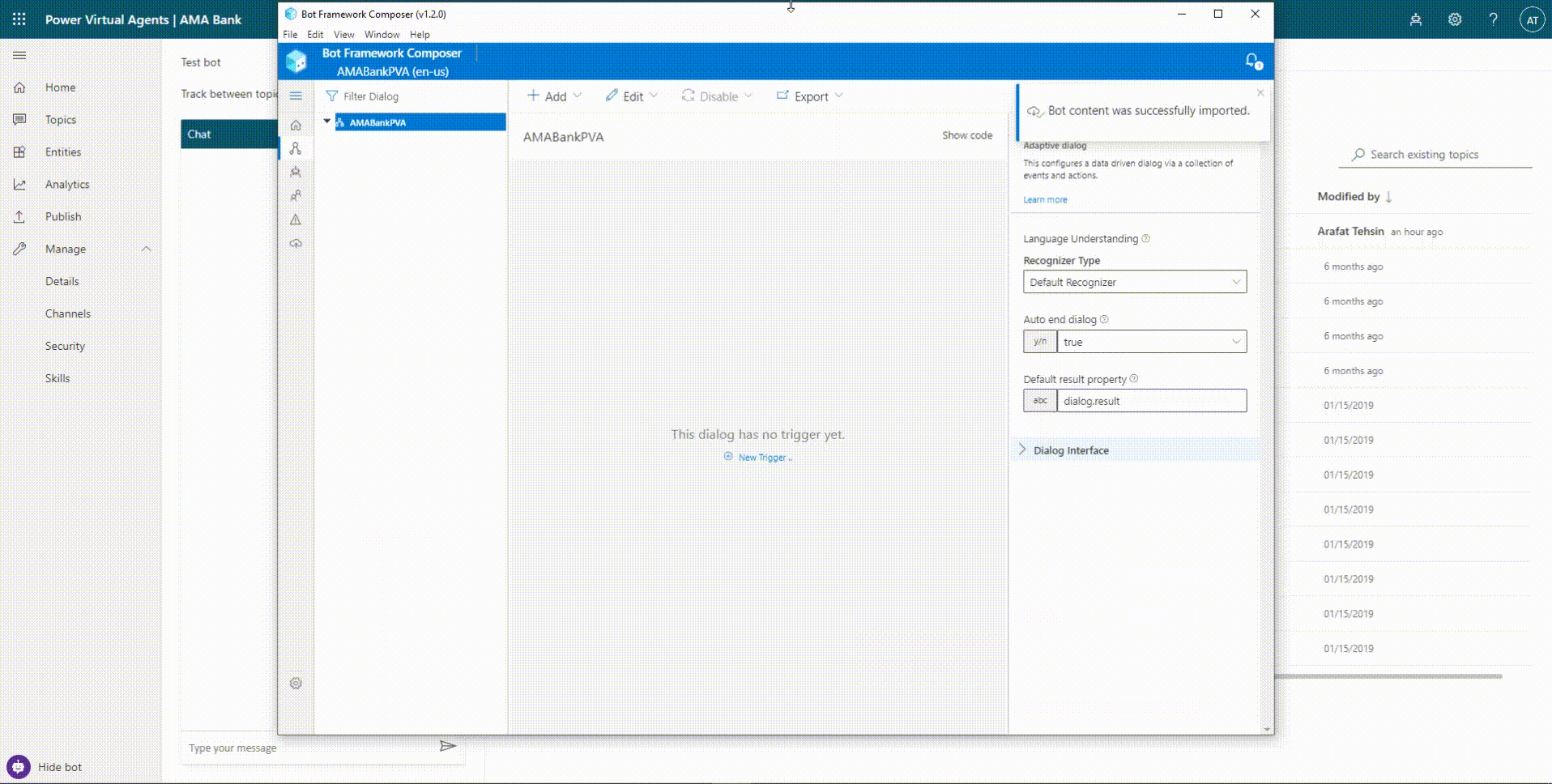 Create Trigger and Dialog from Bot Framework Composer for PVA