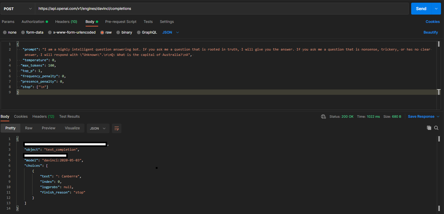 Postman Request and Response for OpenAI API for Completions