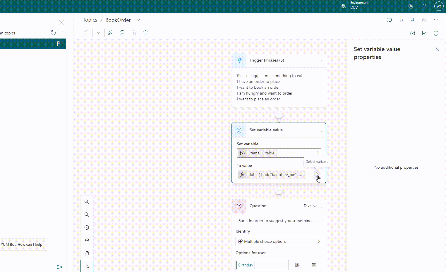 Usage of variables with PowerFx in Power Virtual Agents
