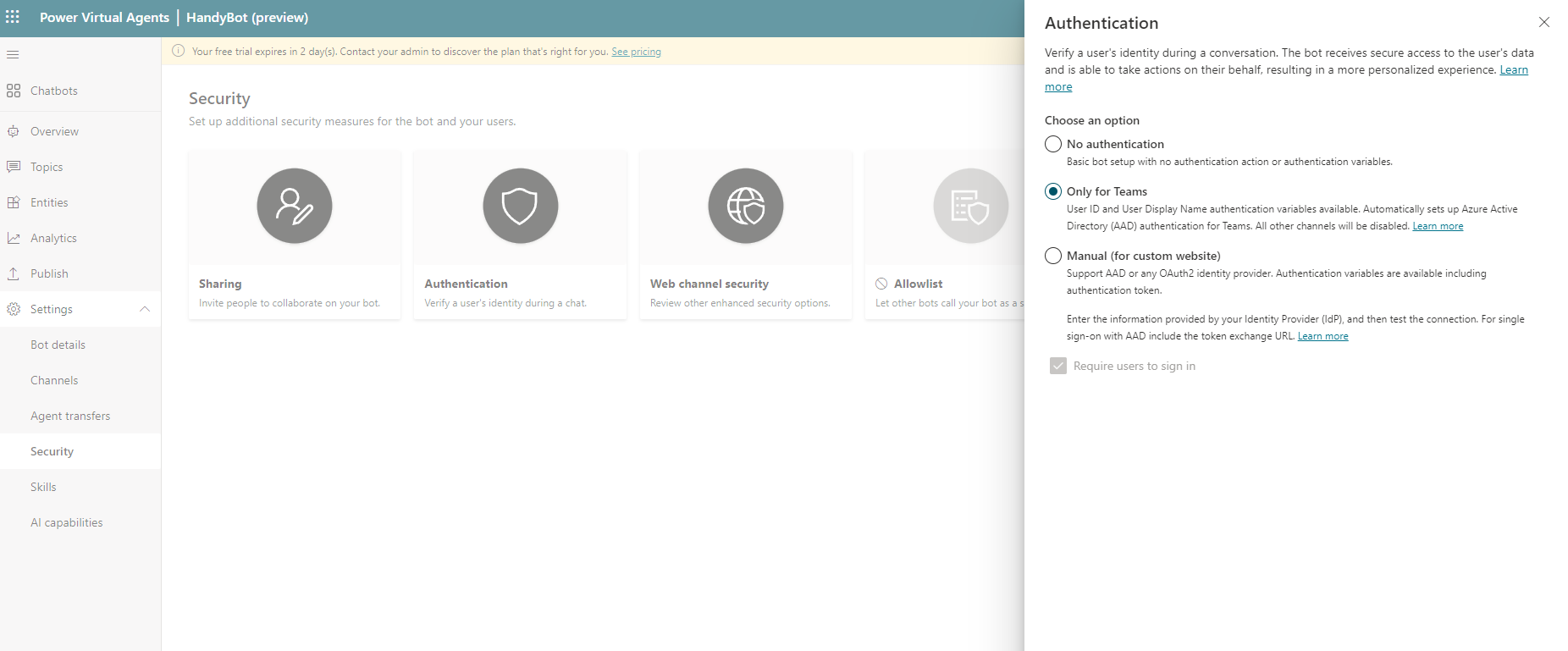 Authentication for Microsoft Teams in PVA
