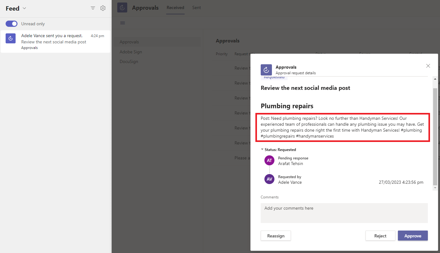 Teams approval for the social media post generated by AI
