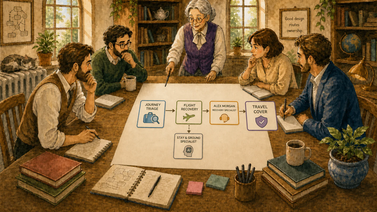 Handoff orchestration shown as travel specialists and a human recovery operator working around a shared route table